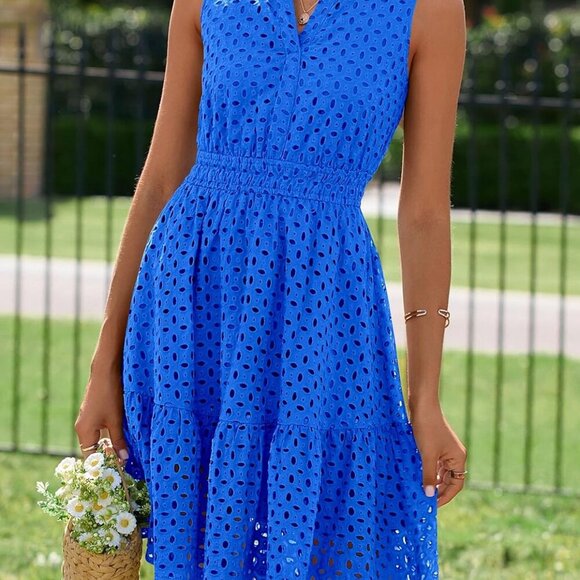 Women's Summer Dresses 2025 Sleeveless V Neck Eyelet Hollow Out Swing A Line Bea - Picture 2 of 8